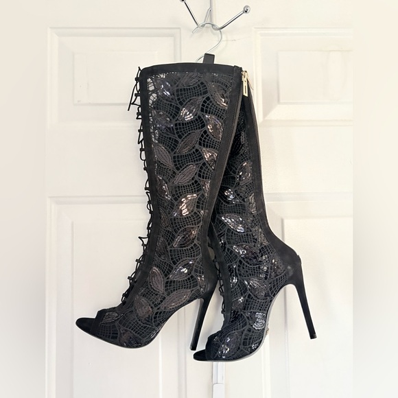 SCHUTZ Shoes - Schutz Black Sequin Embellished Open Toe Boots Size 7B